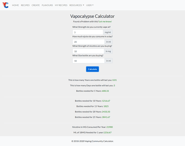 Vapocolypse Calculator