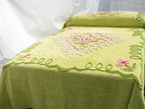 vintage-cotton-chenille-bedspread-lime-green-pink-yellow-roses-Laurel-Leaf-Farm-item-no-w81678-1